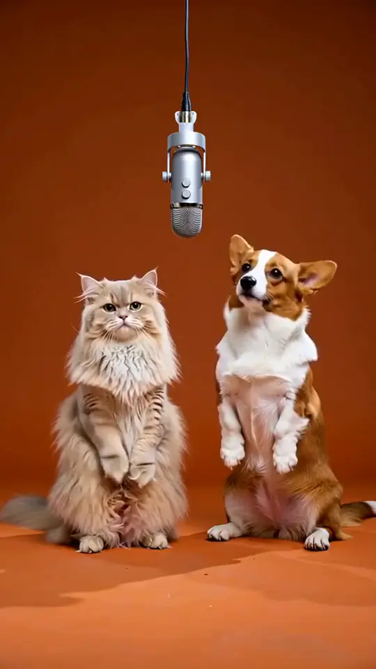 A cat and a corgi stand up to rap