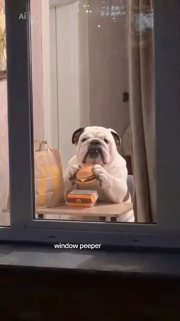 A bulldog caught mid-burger, then the curtain